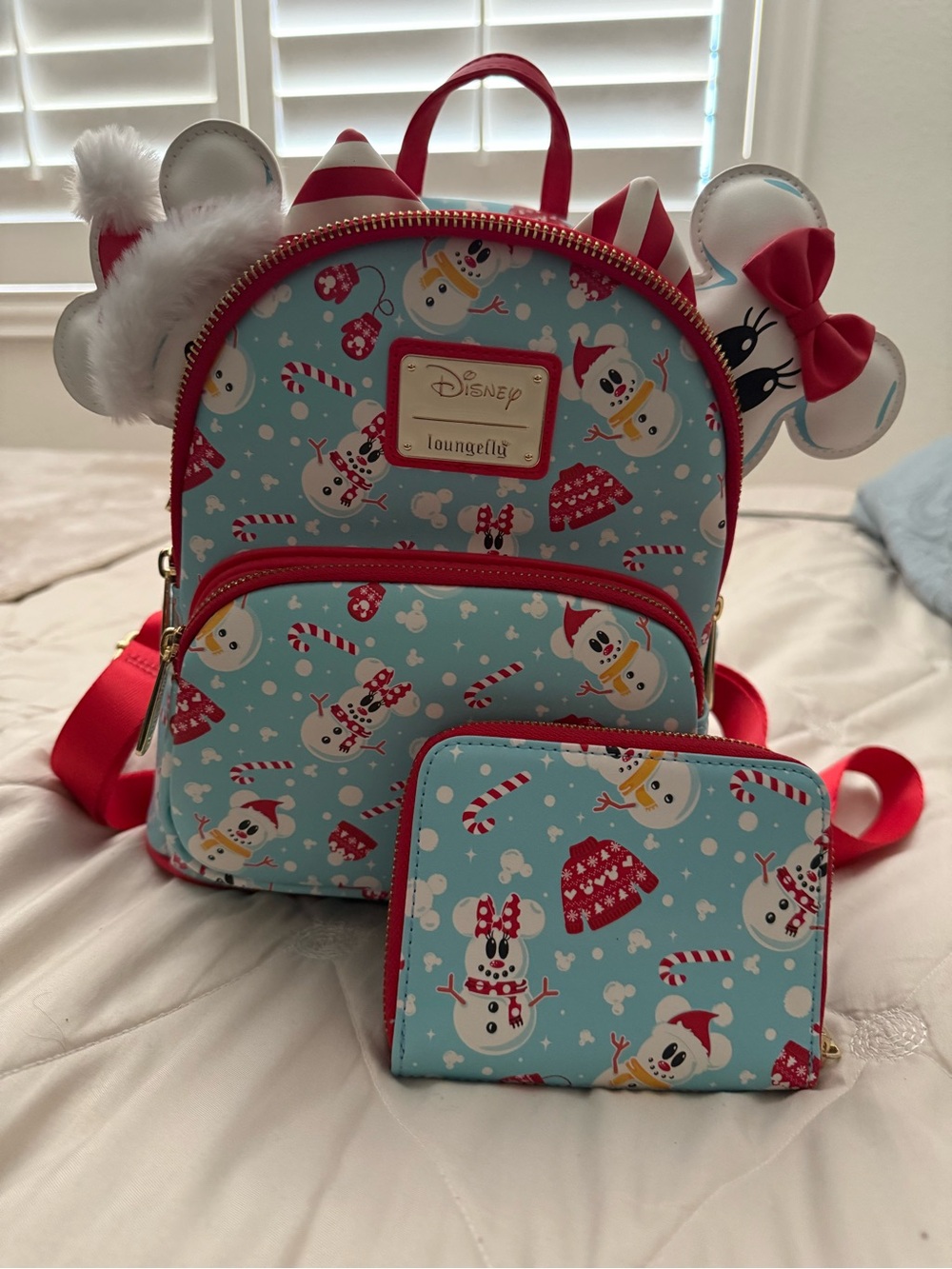 Loungefly Light Blue & Red Snowman Print Mini Backpack w/ Matching Wallet & Ears